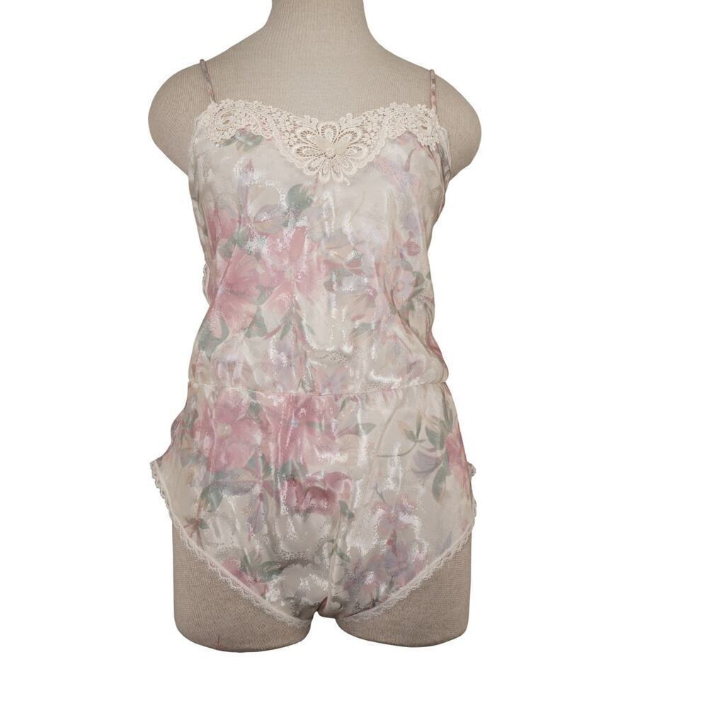 Vintage Lucie Ann II Floral Satin Romper Teddy Lingerie Lace Trim Medium USA